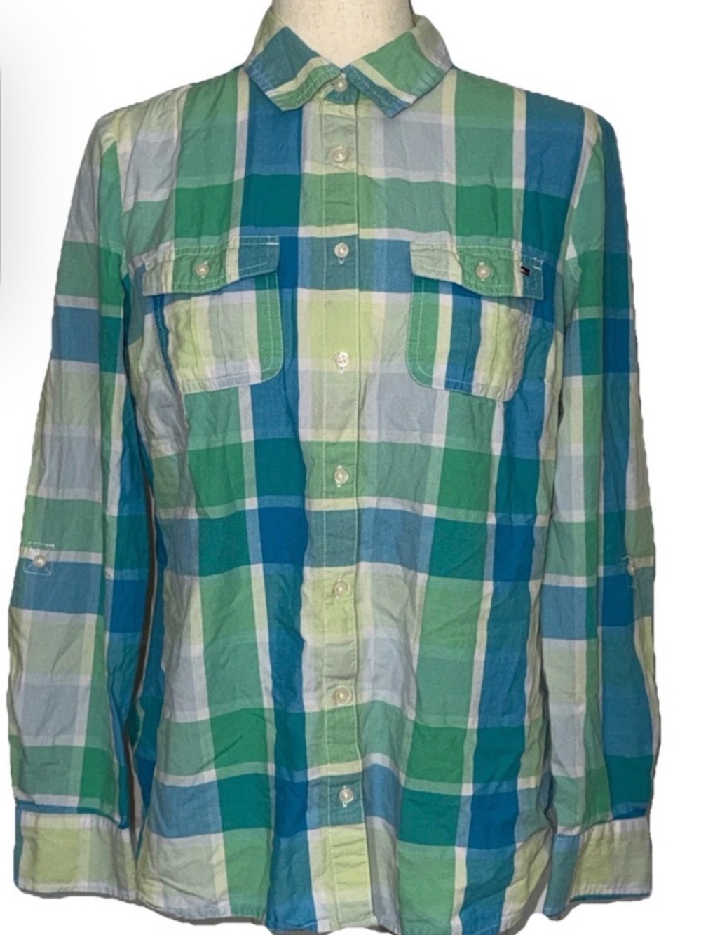 Tommy Hilfiger Blue Multi Plaid Button Front Shirt Size Large 3/4 Sleeve Cotton